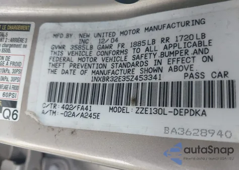 2005 Toyota Corolla Ce from USA, damaged, VIN 1NXBR32E35Z453341